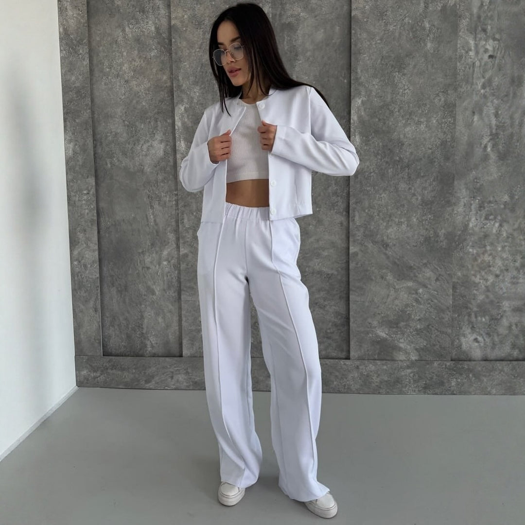 Women Elegant Two-Piece Set with Short Jacket and High Waist Pleated Pants Mune Fashion