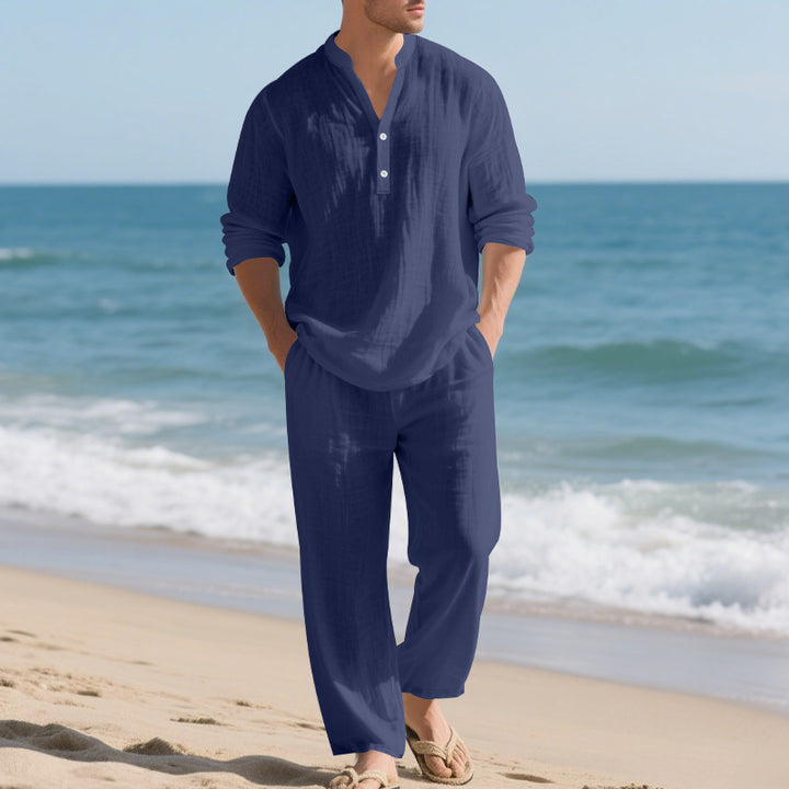 Men's nan casual Henley set in lightweight linen look with stand-up collar and elastic drawstring pants Mune Fashion