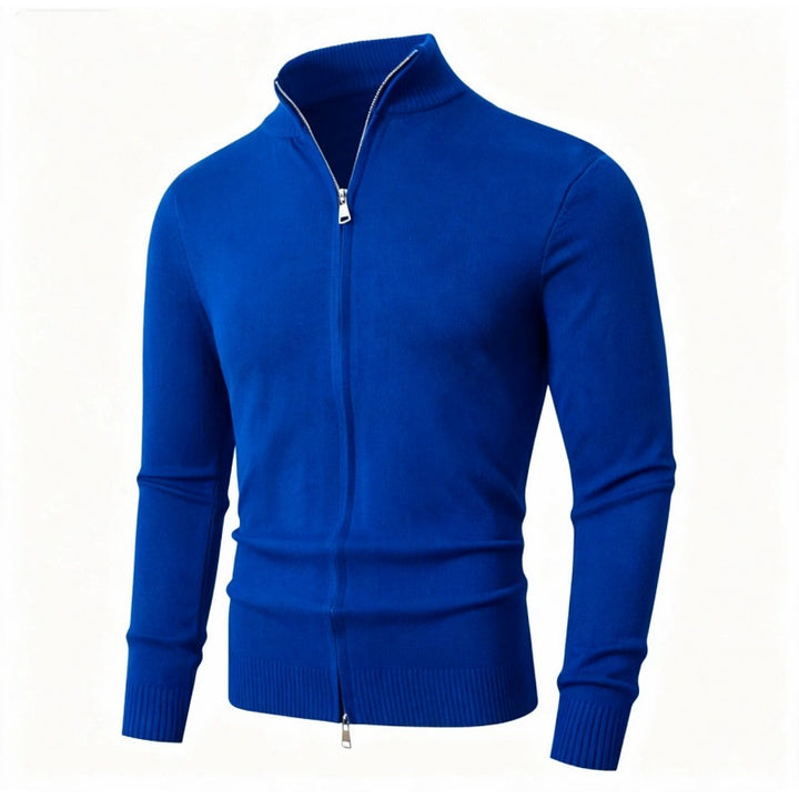 Men's Slim Fit Fine Knit Cardigan with Double Zipper and Stand Collar Mune Fashion
