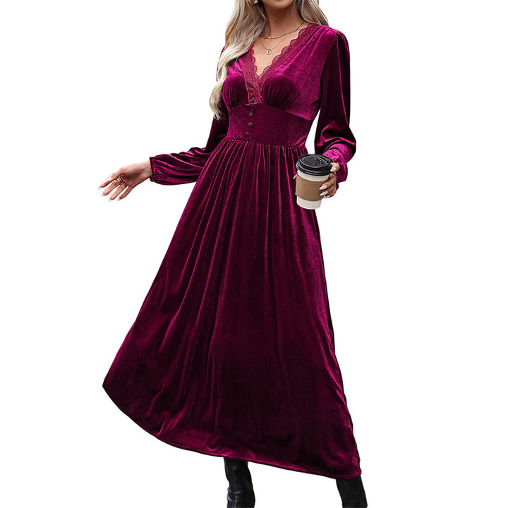 Ladies Elegant Velvet Midi Dress with Lace V-Neck, Tailored Corset Look and Asymmetrical Hem