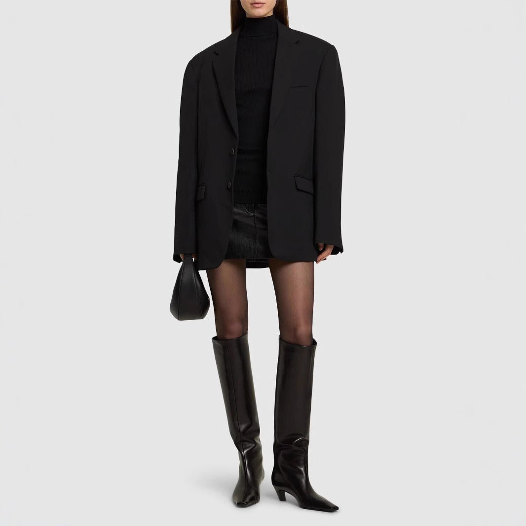 Women Knee-high Leather Boots with Pointed Silhouette and Mid Heel Mune Fashion