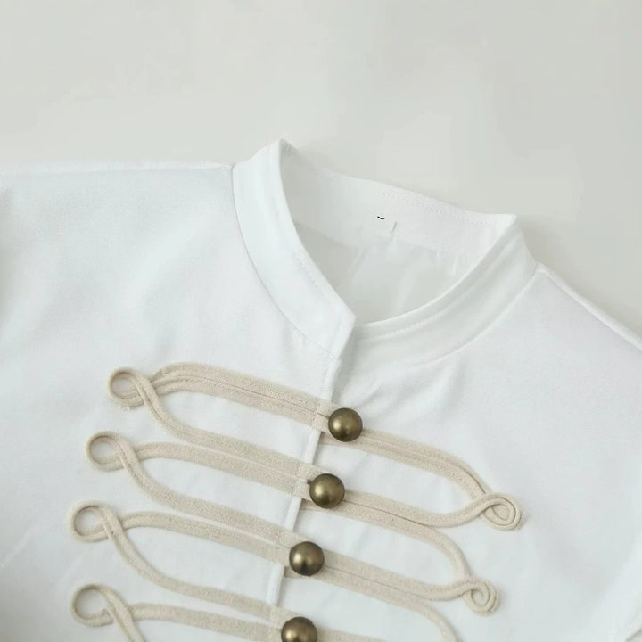 Women Military Inspired Short Stand Collar Jacket with Decorative Cords and Brass Buttons Mune Fashion