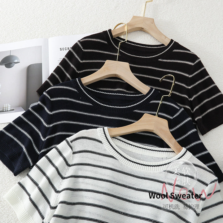 Women Short Sleeve Fine Knit Sweater with Maritime Stripes Mune Fashion