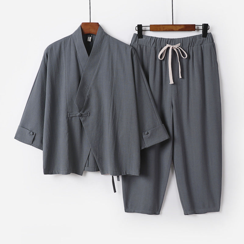 Men's Breathable Linen-Cotton Lounge Set with Asymmetrical V-Neck and Elastic Cord Pants Mune Fashion