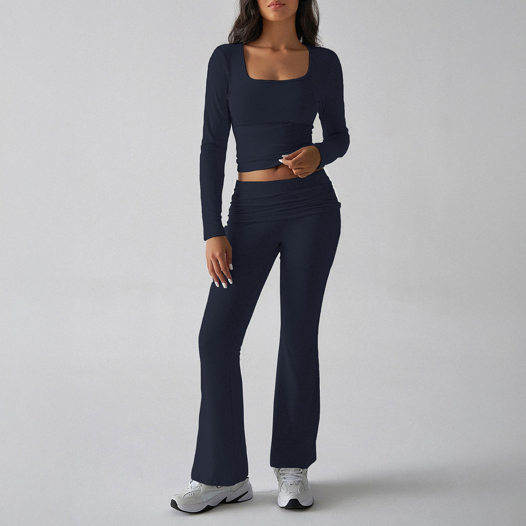 Women's figure-hugging cropped set with long-sleeve top with square neckline and flared high-waist yoga pants Mune Fashion