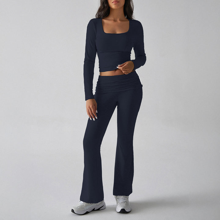 Women's figure-hugging cropped set with long-sleeve top with square neckline and flared high-waist yoga pants Mune Fashion