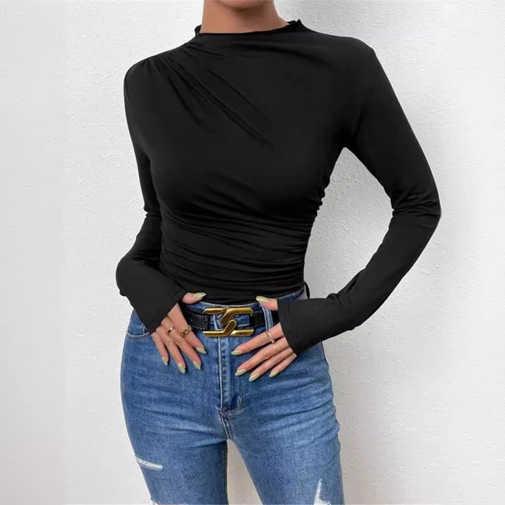 Women's fitted long-sleeve shirt with asymmetrical gathering at the front and boat neck Mune Fashion