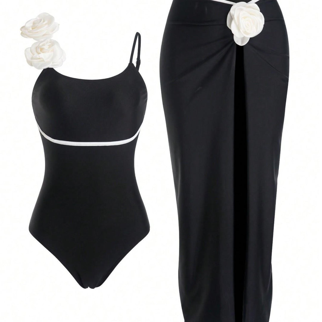Women’s One-Piece Swimsuit with Elegant Skirt and Playful Flower Details Mune Fashion