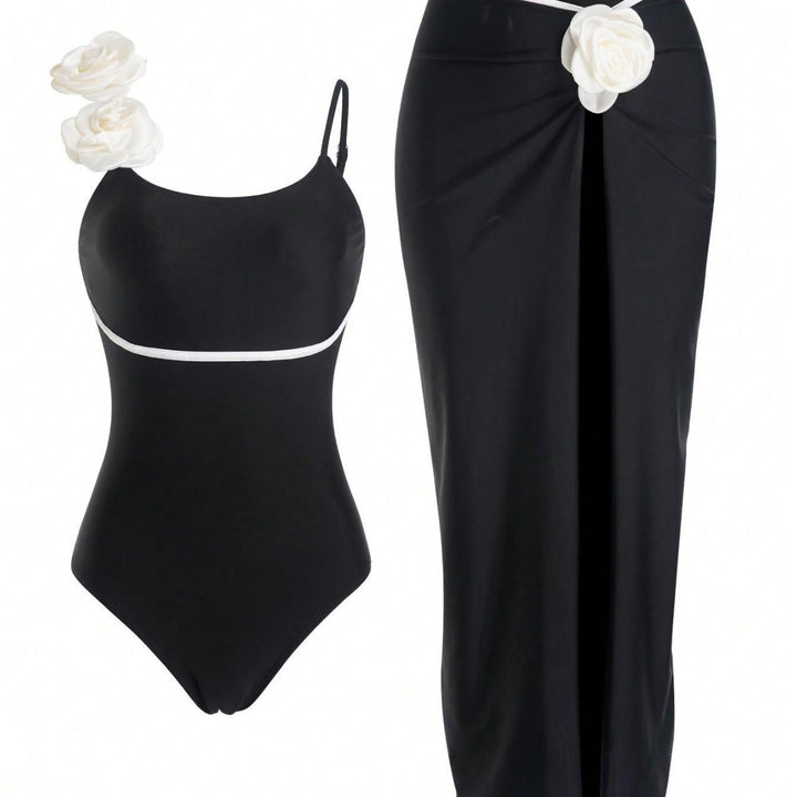 Women’s One-Piece Swimsuit with Elegant Skirt and Playful Flower Details Mune Fashion