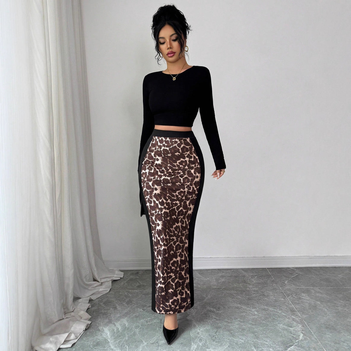 Women's tailored pencil midi skirt with animal print middle panel and side thigh slit Mune Fashion