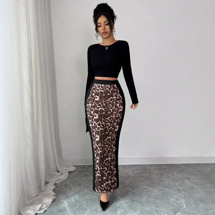 Women's tailored pencil midi skirt with animal print middle panel and side thigh slit Mune Fashion
