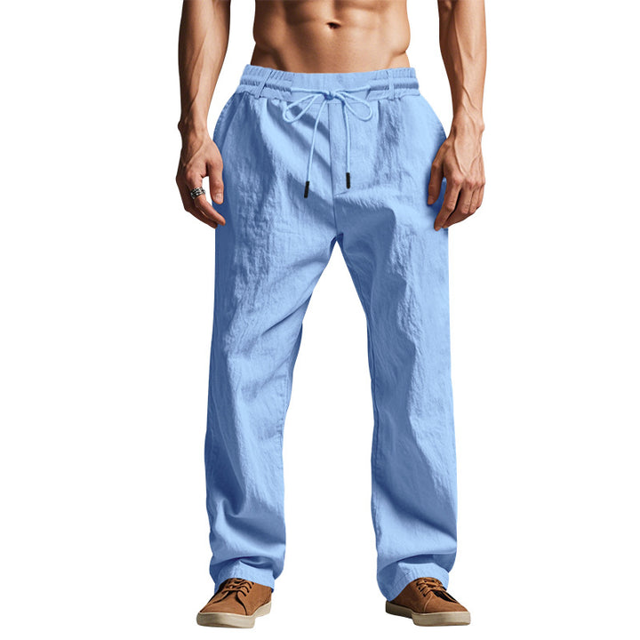 Men's lightweight cotton linen casual pants with drawstring straight cut Mune Fashion
