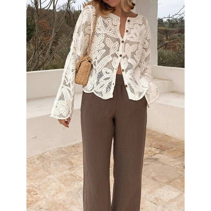 Women's Crochet Cardigan with Floral Openwork Pattern, Button Placket & Wavy Hem Mune Fashion