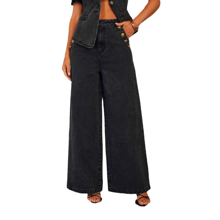 Women's loosely cut high-waisted denim pants with side button placket and wide leg Mune Fashion