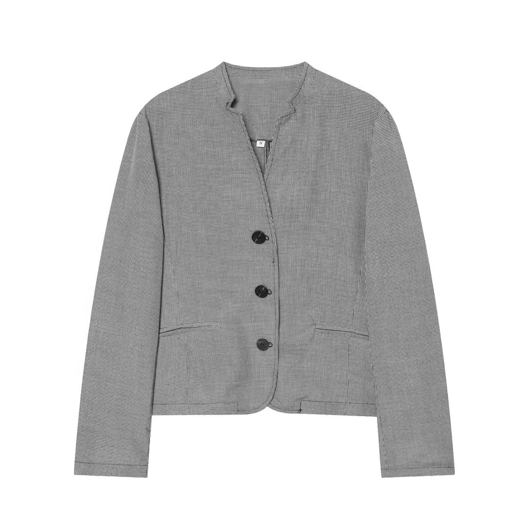 Women's short blazer in houndstooth pattern with stand-up collar and tailored cropped silhouette Mune Fashion