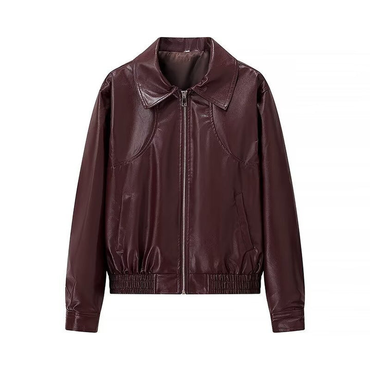 Women's Glossy Faux Leather Blouson Jacket with Zip and Elastic Hem Mune Fashion