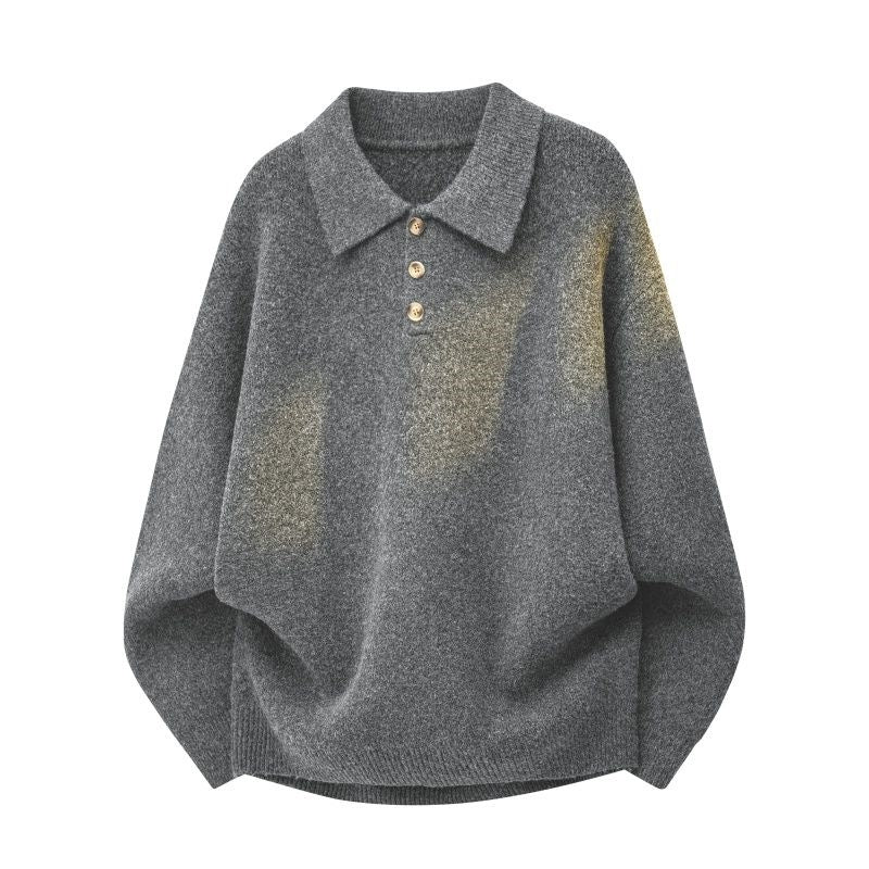 Women's Oversize Polo Collar Knit Sweater with Button Placket and Ribbed Hem Mune Fashion