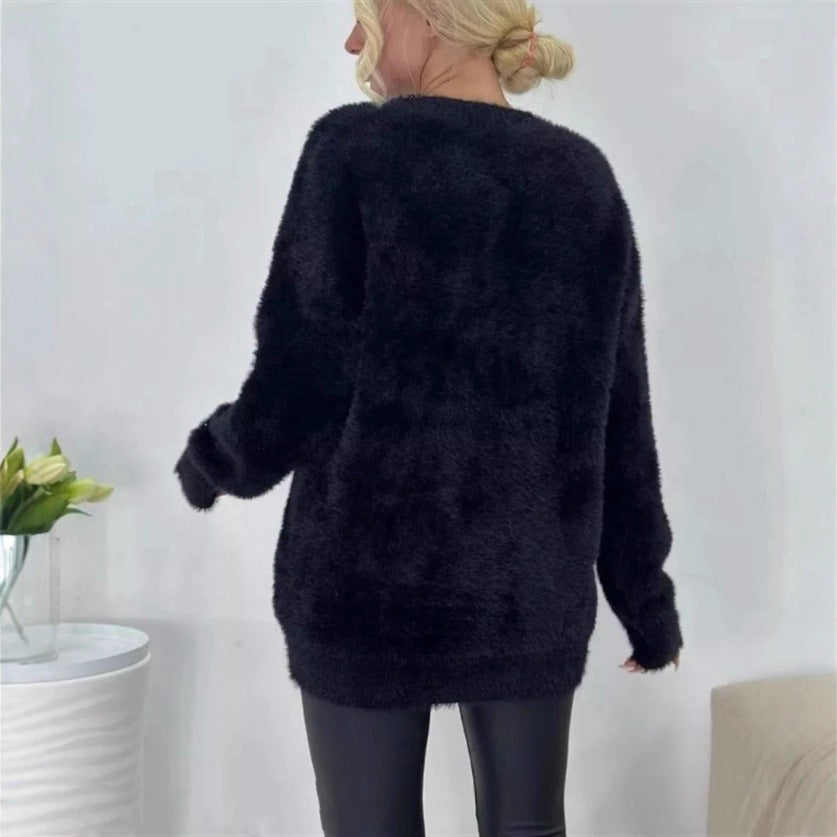 Women Fluffy Oversized Button Cardigan with Deep V-Neck and Patch Pockets Mune Fashion