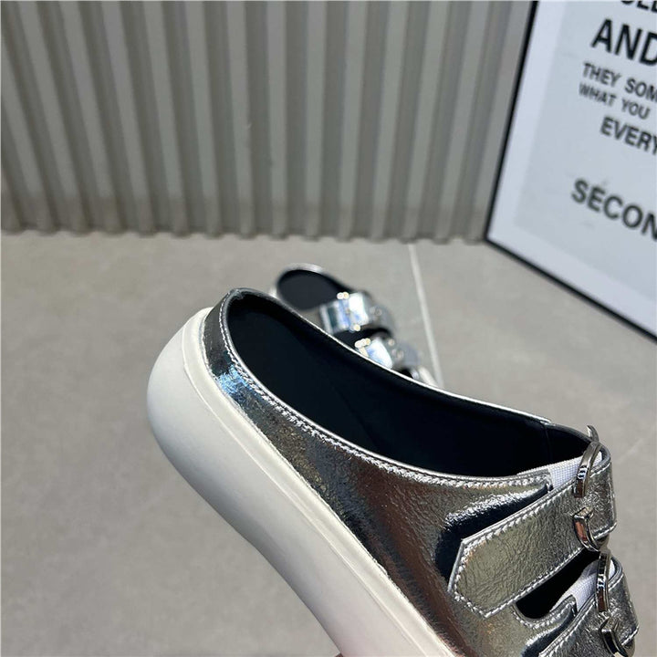 Women's pointed toe mule sneakers with double buckle straps and flat platform sole Mune Fashion