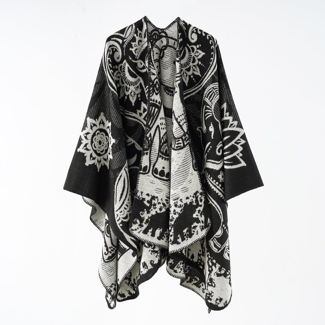 Women's jacquard throw poncho with double-sided woven texture and decorative stitch edge Mune Fashion