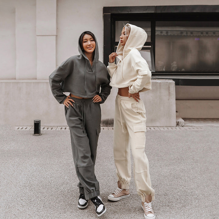 Women's nan Cropped Hoodie with Highwaist Cargo Jogging Pants Set Mune Fashion