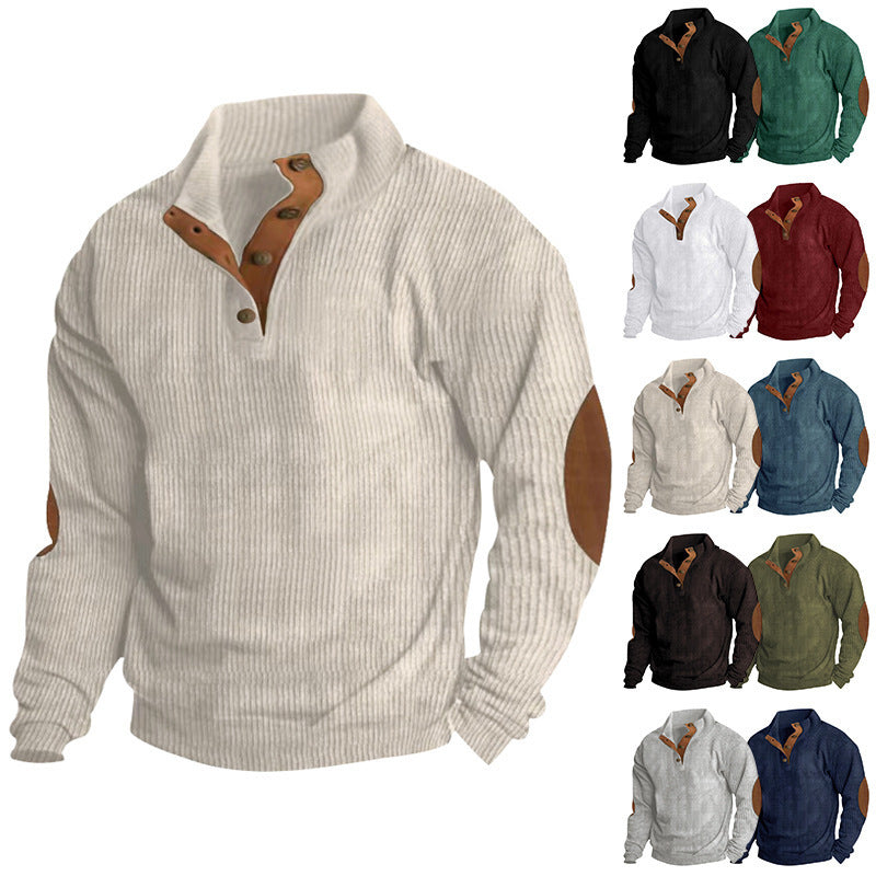 Men's Waffle Knit Henley Sweater with Stand-Up Collar and Elbow Patches Mune Fashion