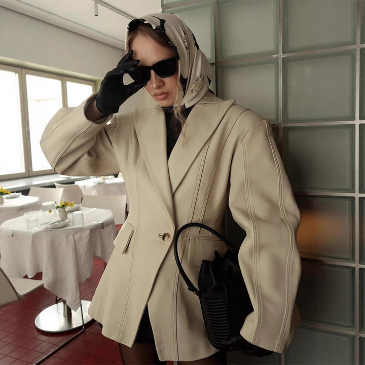 Women Tailored Faux Leather Blazer with Princess Seams and Structured Shoulder Mune Fashion