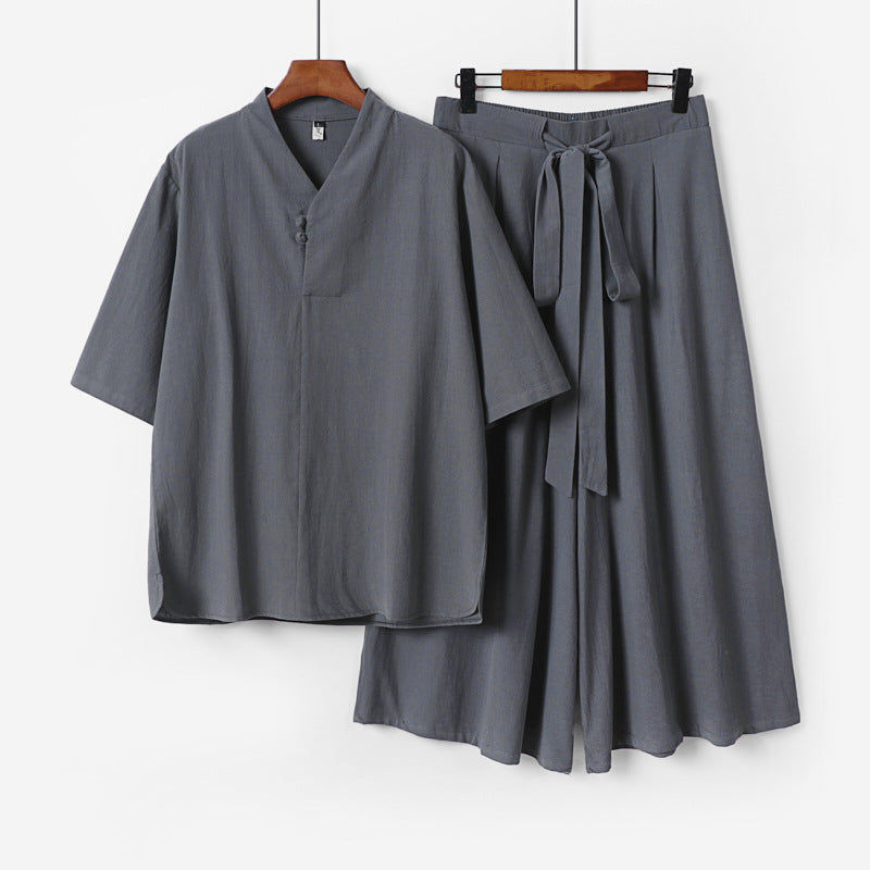 Unisex Two-Piece Kimono Lounge Set with Stand Collar Short Sleeve Top and Loose Tie Waist Pants Mune Fashion