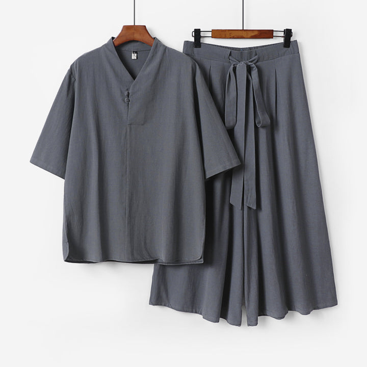 Unisex Two-Piece Kimono Lounge Set with Stand Collar Short Sleeve Top and Loose Tie Waist Pants Mune Fashion