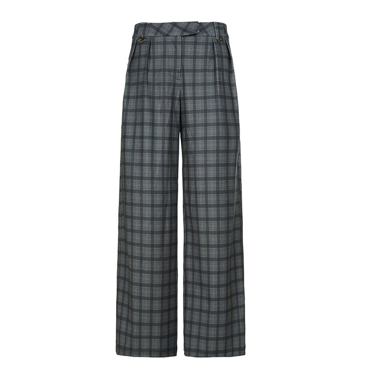 Women's Wide Checked High-Waist Culotte Pants with Pleats Mune Fashion