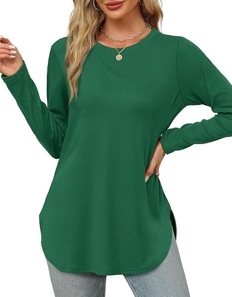 Women's Casual Long Sleeve Tunic Top with Round Neck, Side Slits and Watercolor Leaf Print Mune Fashion