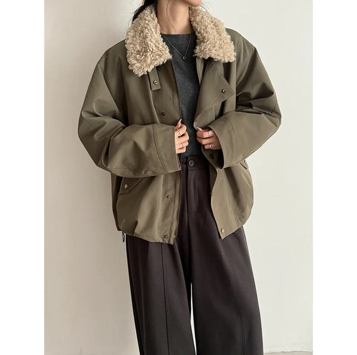 Women's Oversize Short Jacket with Teddy Collar and Flap Pockets Mune Fashion