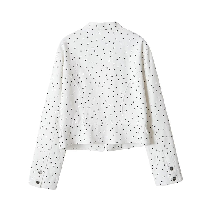 Women Polka Dot, Short-Cropped Bomber Jacket with Stand Collar and Zipper Mune Fashion