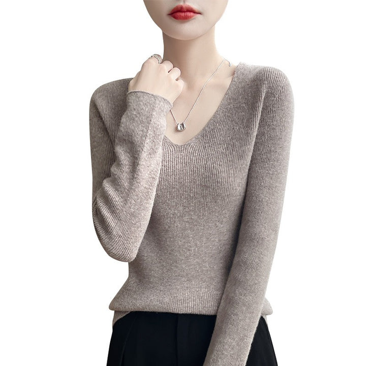 Women's Slim Fit V-Neck Fine Knit Sweater with Fine Rib Structure and Soft Feel Mune Fashion