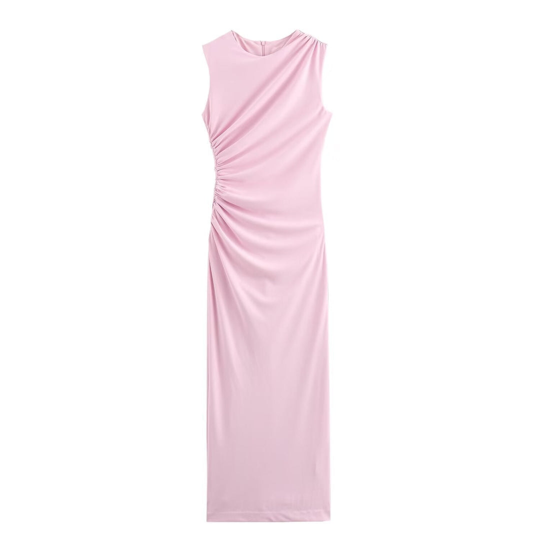 Mune Fashion | Solid Color Round Neck Sleeveless Folded Slim Fit Dress
