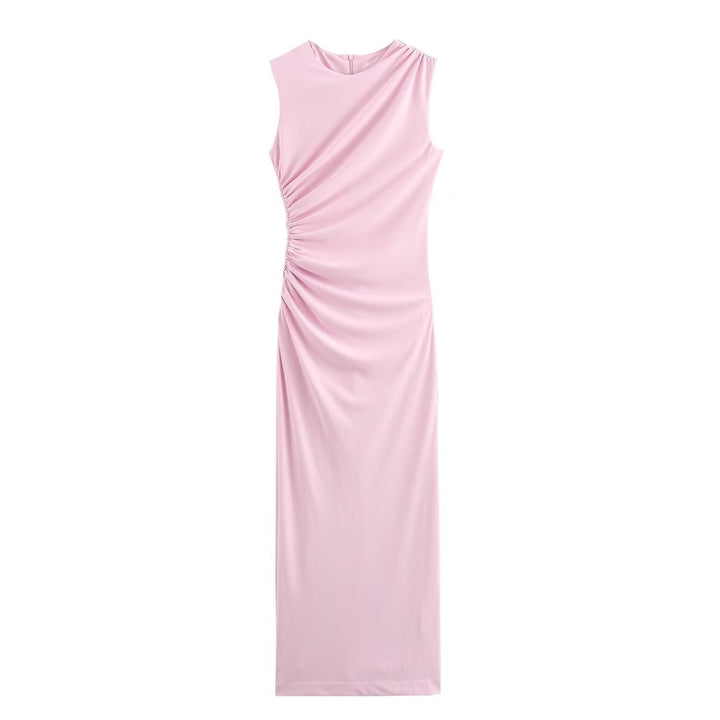 Mune Fashion | Solid Color Round Neck Sleeveless Folded Slim Fit Dress