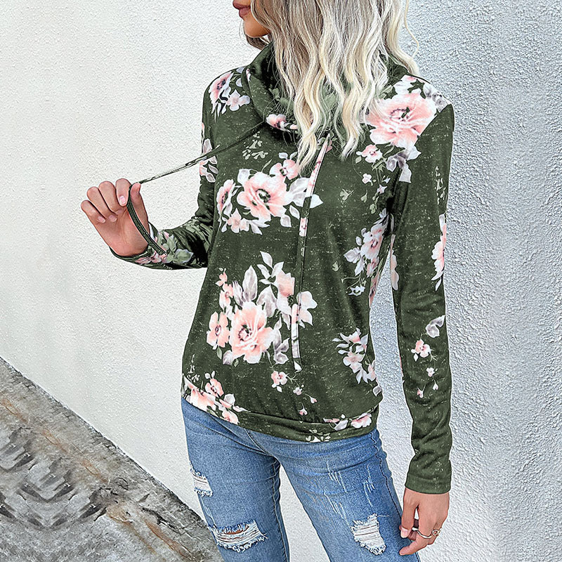 Women's Funnel Neck Sweatshirt with Floral Allover Print and Drawstring Mune Fashion