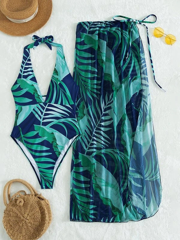 Women's Elegant One-Piece with Floral Patterns and Matching Sarong Mune Fashion