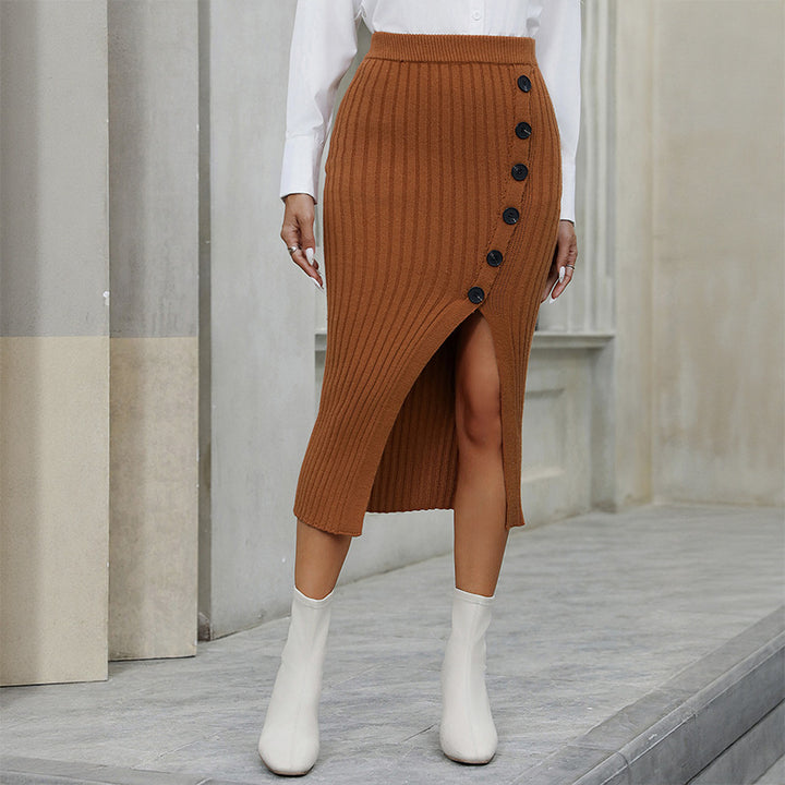 Women Ribbed Knit Midi Skirt with High Waist, Decorative Button Placket and Side Slit Mune Fashion