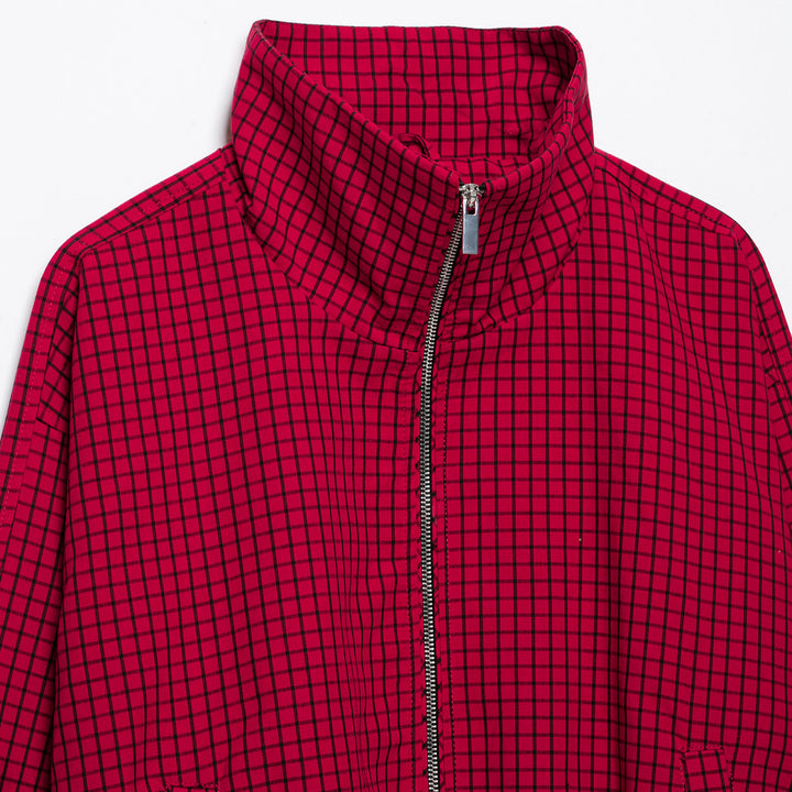 Women Checked Cropped Jacket with Stand-up Collar and Zipper Mune Fashion