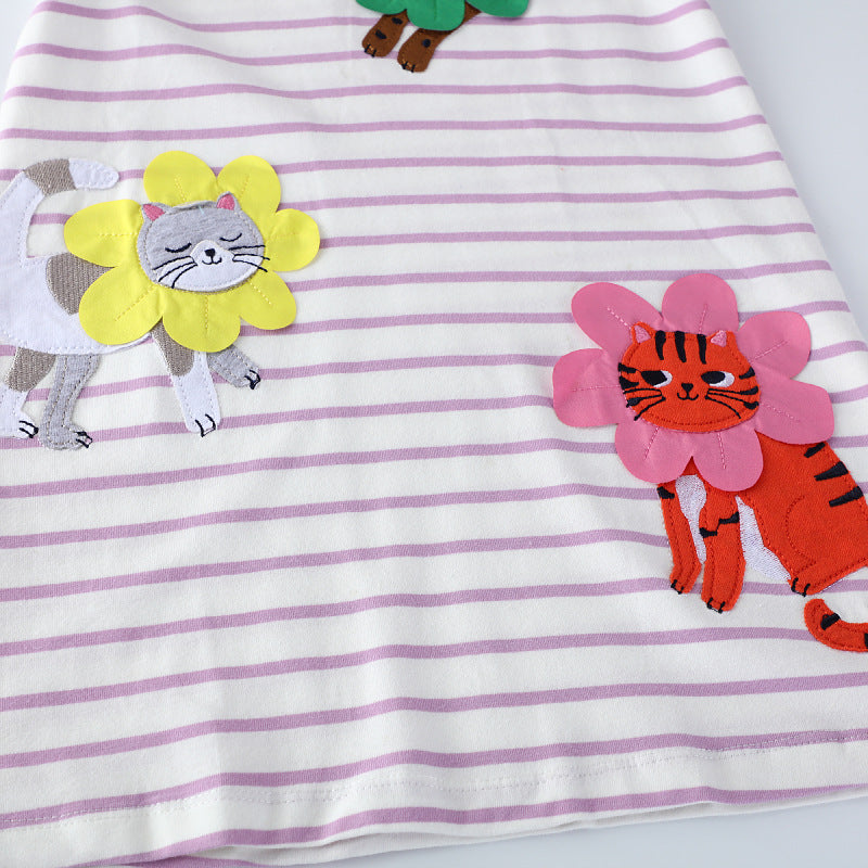 Girls cotton dress with embroidered animal motifs and flower appliqués Mune Fashion