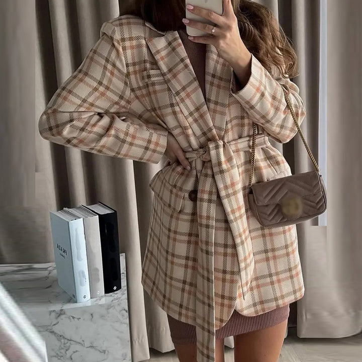 Women Oversize Checked Long Blazer with Tie Belt and Shawl Collar Mune Fashion