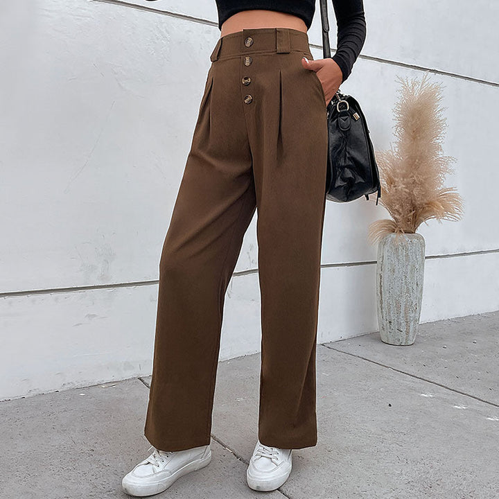 Women's High-Waisted Wide Fabric Pants with Decorative Button Placket and Pleats