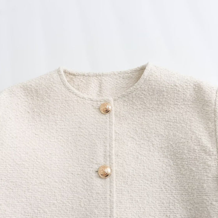 Women's Boxy Boucle Jacket with Round Neckline, Decorative Button Placket and Flap Pockets Mune Fashion