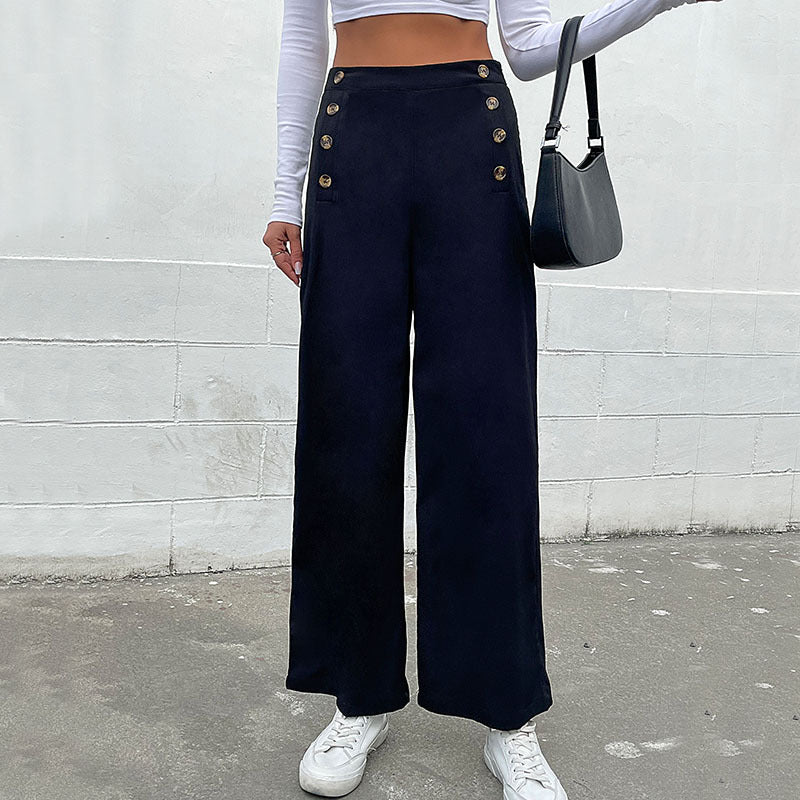 Women's High-Waist Palazzo Pants with maritime-inspired decorative button placket and wide leg Mune Fashion
