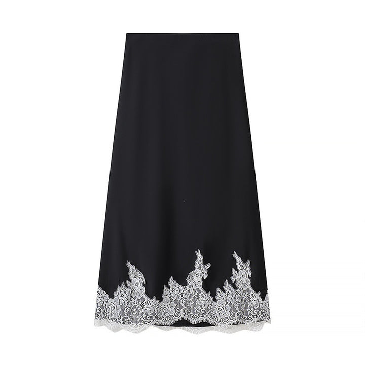 Women's Two-Piece Satin Set with Wrap Blouse, Lace Trim and A-Line Maxi Skirt Mune Fashion