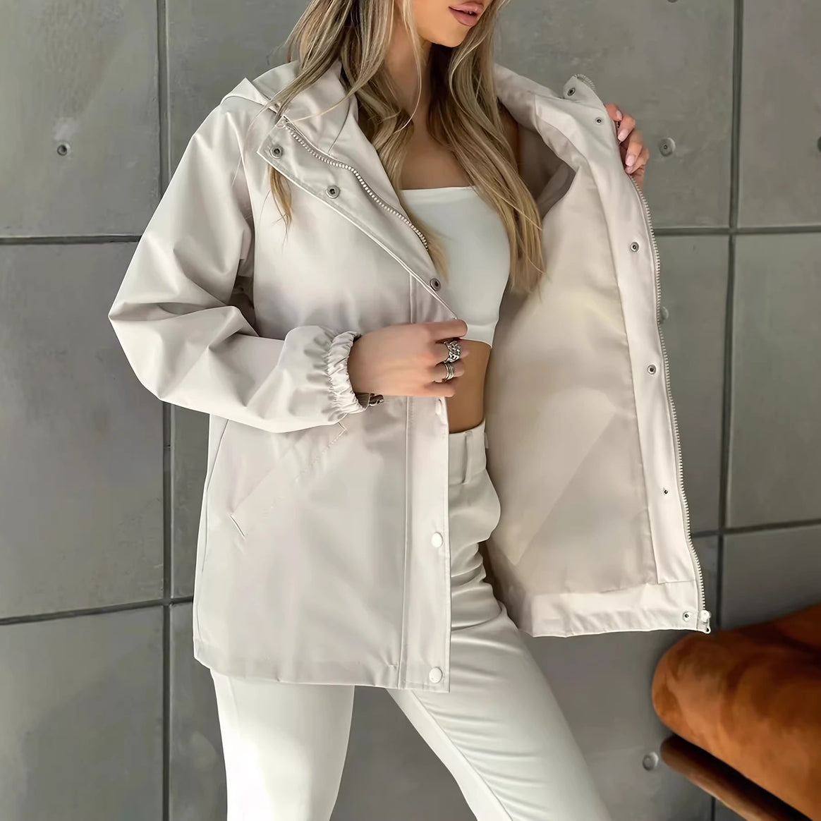 Women's Water-Repellent Short Parka with Hood, Drawstring and Snap Button Placket Mune Fashion