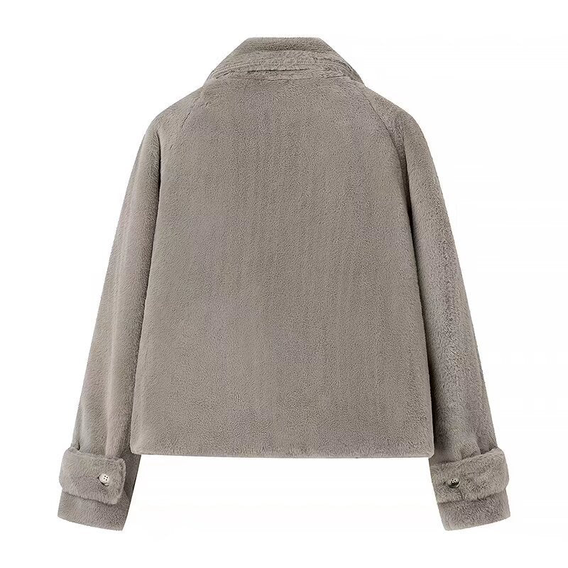 Women's Short Cut Teddy Fleece Jacket with Shirt Collar, Concealed Button Placket and Side Pockets Mune Fashion
