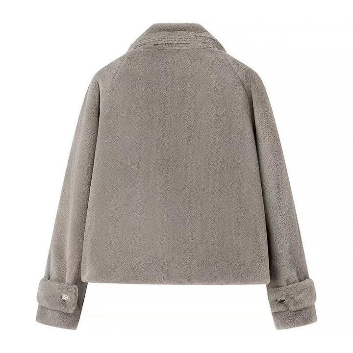 Women's Short Cut Teddy Fleece Jacket with Shirt Collar, Concealed Button Placket and Side Pockets Mune Fashion