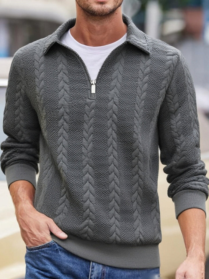 Men's fine structured cable knit sweater with short zipper and Kent collar Mune Fashion